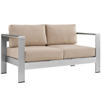 Modway EEI-2267-SLV-BEI Shore Outdoor Patio Aluminum Loveseat in Silver Beige
