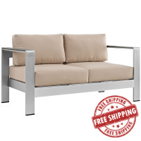 Modway EEI-2267-SLV-BEI Shore Outdoor Patio Aluminum Loveseat in Silver Beige