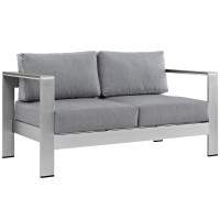 Modway EEI-2267-SLV-GRY Shore Outdoor Patio Aluminum Loveseat in Silver Gray