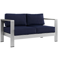 Modway EEI-2267-SLV-NAV Shore Outdoor Patio Aluminum Loveseat in Silver Navy