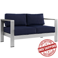 Modway EEI-2267-SLV-NAV Shore Outdoor Patio Aluminum Loveseat in Silver Navy