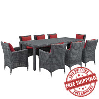 Modway EEI-2331-GRY-RED-SET Summon 9 Piece Outdoor Patio Sunbrella Dining Set