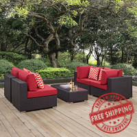 Modway EEI-2356-EXP-RED-SET Convene 5 Piece Outdoor Patio Sectional Set Espresso Red