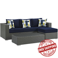 Modway EEI-2384-CHC-NAV-SET Sojourn 3 Piece Outdoor Patio Sunbrella Sectional Set in Canvas Navy