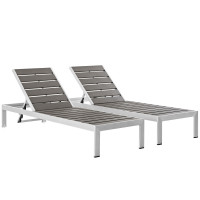 Modway EEI-2467-SLV-GRY-SET Shore Set of 2 Outdoor Patio Aluminum Chaise in Silver Gray