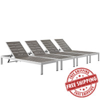 Modway EEI-2468-SLV-GRY-SET Shore Set of 4 Outdoor Patio Aluminum Chaise in Silver Gray