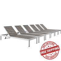 Modway EEI-2469-SLV-GRY-SET Shore Set of 6 Outdoor Patio Aluminum Chaise in Silver Gray