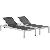 Modway EEI-2472-SLV-BLK-SET Shore Set of 2 Outdoor Patio Aluminum Chaise in Silver Black