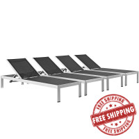 Modway EEI-2473-SLV-BLK-SET Shore Set of 4 Outdoor Patio Aluminum Chaise in Silver Black