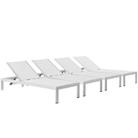 Modway EEI-2473-SLV-WHI-SET Shore Set of 4 Outdoor Patio Aluminum Chaise in Silver White