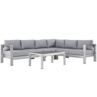 Modway EEI-2557-SLV-GRY Shore 5 Piece Outdoor Patio Aluminum Sectional Sofa Set In Silver Gray