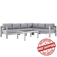 Modway EEI-2557-SLV-GRY Shore 5 Piece Outdoor Patio Aluminum Sectional Sofa Set In Silver Gray