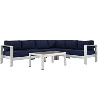 Modway EEI-2557-SLV-NAV Shore 5 Piece Outdoor Patio Aluminum Sectional Sofa Set In Silver Navy
