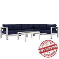 Modway EEI-2557-SLV-NAV Shore 5 Piece Outdoor Patio Aluminum Sectional Sofa Set In Silver Navy
