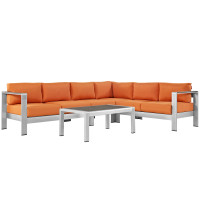 Modway EEI-2557-SLV-ORA Shore 5 Piece Outdoor Patio Aluminum Sectional Sofa Set In Silver Orange