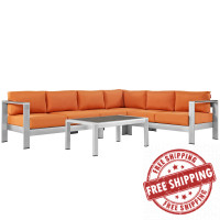 Modway EEI-2557-SLV-ORA Shore 5 Piece Outdoor Patio Aluminum Sectional Sofa Set In Silver Orange
