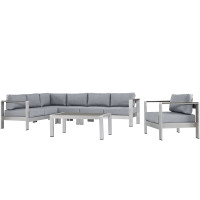 Modway EEI-2558-SLV-GRY Shore 6 Piece Outdoor Patio Aluminum Sectional Sofa Set In Silver Gray