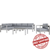 Modway EEI-2558-SLV-GRY Shore 6 Piece Outdoor Patio Aluminum Sectional Sofa Set In Silver Gray