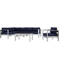 Modway EEI-2558-SLV-NAV Shore 6 Piece Outdoor Patio Aluminum Sectional Sofa Set In Silver Navy