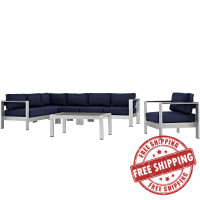 Modway EEI-2558-SLV-NAV Shore 6 Piece Outdoor Patio Aluminum Sectional Sofa Set In Silver Navy