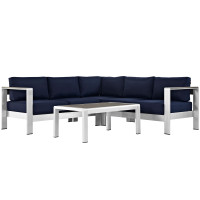 Modway EEI-2559-SLV-NAV Shore 4 Piece Outdoor Patio Aluminum Sectional Sofa Set In Silver Navy
