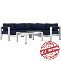 Modway EEI-2559-SLV-NAV Shore 4 Piece Outdoor Patio Aluminum Sectional Sofa Set In Silver Navy