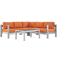 Modway EEI-2559-SLV-ORA Shore 4 Piece Outdoor Patio Aluminum Sectional Sofa Set In Silver Orange