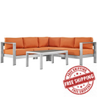 Modway EEI-2559-SLV-ORA Shore 4 Piece Outdoor Patio Aluminum Sectional Sofa Set In Silver Orange