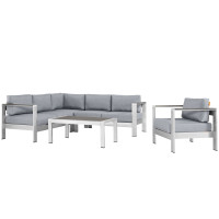 Modway EEI-2560-SLV-GRY Shore 5 Piece Outdoor Patio Aluminum Sectional Sofa Set In Silver Gray