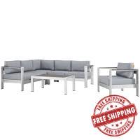 Modway EEI-2560-SLV-GRY Shore 5 Piece Outdoor Patio Aluminum Sectional Sofa Set In Silver Gray