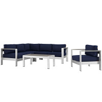 Modway EEI-2560-SLV-NAV Shore 5 Piece Outdoor Patio Aluminum Sectional Sofa Set In Silver Navy