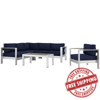 Modway EEI-2560-SLV-NAV Shore 5 Piece Outdoor Patio Aluminum Sectional Sofa Set In Silver Navy