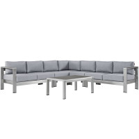 Modway EEI-2561-SLV-GRY Shore 6 Piece Outdoor Patio Aluminum Sectional Sofa Set In Silver Gray
