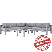 Modway EEI-2561-SLV-GRY Shore 6 Piece Outdoor Patio Aluminum Sectional Sofa Set In Silver Gray