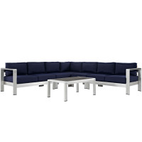 Modway EEI-2561-SLV-NAV Shore 6 Piece Outdoor Patio Aluminum Sectional Sofa Set In Silver Navy