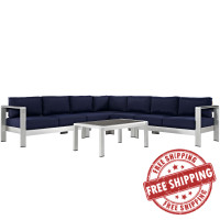 Modway EEI-2561-SLV-NAV Shore 6 Piece Outdoor Patio Aluminum Sectional Sofa Set In Silver Navy