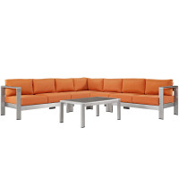 Modway EEI-2561-SLV-ORA Shore 6 Piece Outdoor Patio Aluminum Sectional Sofa Set In Silver Orange