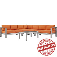 Modway EEI-2561-SLV-ORA Shore 6 Piece Outdoor Patio Aluminum Sectional Sofa Set In Silver Orange