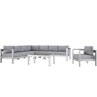 Modway EEI-2562-SLV-GRY Shore 7 Piece Outdoor Patio Aluminum Sectional Sofa Set In Silver Gray
