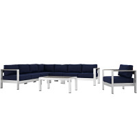 Modway EEI-2562-SLV-NAV Shore 7 Piece Outdoor Patio Aluminum Sectional Sofa Set In Silver Navy