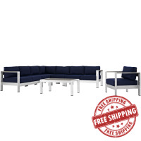 Modway EEI-2562-SLV-NAV Shore 7 Piece Outdoor Patio Aluminum Sectional Sofa Set In Silver Navy
