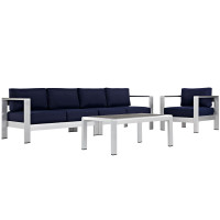 Modway EEI-2563-SLV-NAV Shore 4 Piece Outdoor Patio Aluminum Sectional Sofa Set In Silver Navy