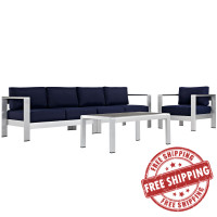 Modway EEI-2563-SLV-NAV Shore 4 Piece Outdoor Patio Aluminum Sectional Sofa Set In Silver Navy