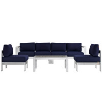 Modway EEI-2564-SLV-NAV Shore 5 Piece Outdoor Patio Aluminum Sectional Sofa Set In Silver Navy