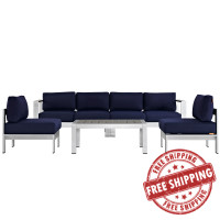 Modway EEI-2564-SLV-NAV Shore 5 Piece Outdoor Patio Aluminum Sectional Sofa Set In Silver Navy