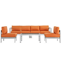 Modway EEI-2564-SLV-ORA Shore 5 Piece Outdoor Patio Aluminum Sectional Sofa Set In Silver Orange