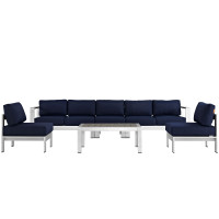 Modway EEI-2565-SLV-NAV Shore 6 Piece Outdoor Patio Aluminum Sectional Sofa Set In Silver Navy