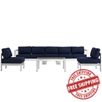 Modway EEI-2565-SLV-NAV Shore 6 Piece Outdoor Patio Aluminum Sectional Sofa Set In Silver Navy