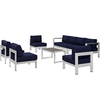 Modway EEI-2566-SLV-NAV Shore 7 Piece Outdoor Patio Sectional Sofa Set In Silver Navy