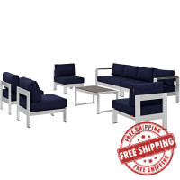 Modway EEI-2566-SLV-NAV Shore 7 Piece Outdoor Patio Sectional Sofa Set In Silver Navy